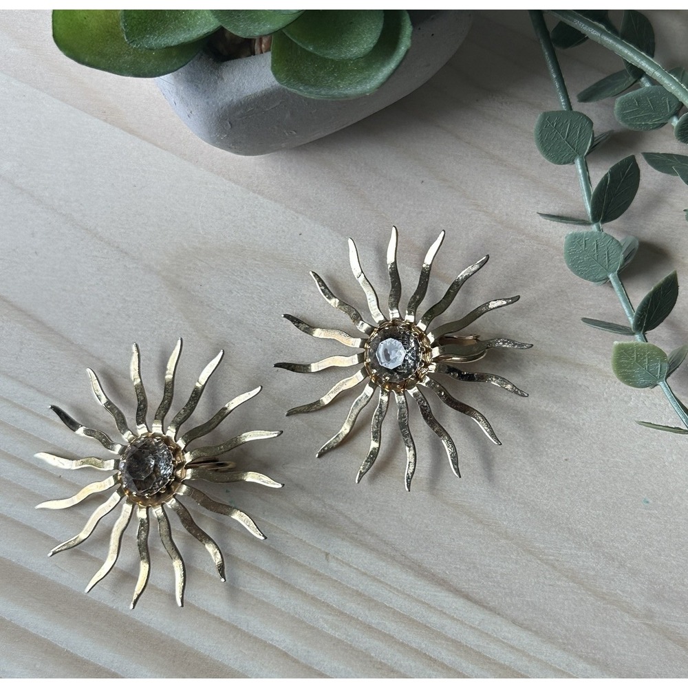 VTG Sarah Coventry Clip‎ Earrings 2 Inch Atomic Starburst 1959 MCM Gold Crystal